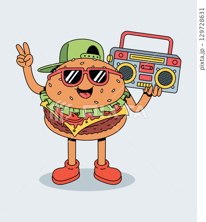Happy Cartoon Burger Character with Sunglasses and Green Cap Posing Peace Sign While Holding a Retro Boombox Happy Cartoon Burger Character with Sunglasses and Green Cap Posing Peace Sign While Holding a Retro Boombox 129728631