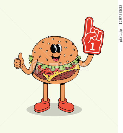 Supportive Cartoon Hamburger Character Giving Thumbs Up and Wearing Foam Finger 129728632