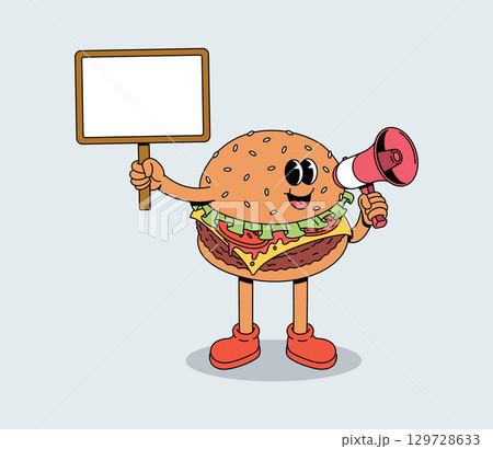 Cartoon Burger Character Holding a Blank Signboard and Megaphone for Announcement and Communication 129728633