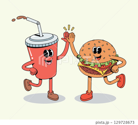Happy Groovy Cartoon Burger and Soda Cup High-Fiving Happy Groovy Cartoon Burger and Soda Cup High-Fiving 129728673