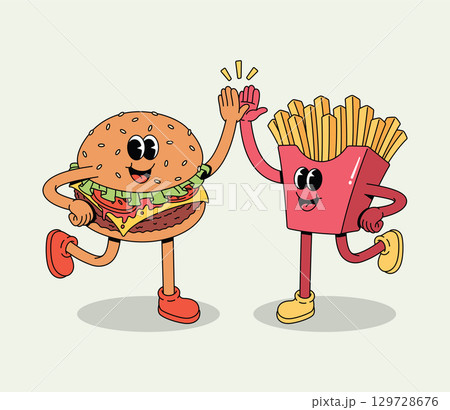 Happy Cartoon Burger and French Fries Characters High Fiving with Big Smiles on a Light Background, Cheerful Food Mascots Friendship Concept Happy Cartoon Burger and French Fries Characters High Fiving with Big Smiles on a Light Background, Cheerful Food Mascots Friendship Concept 129728676
