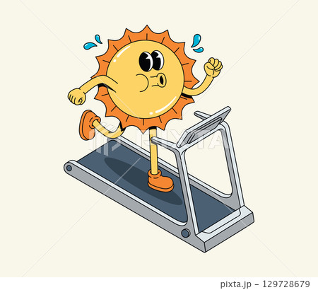 Energetic Groovy Cartoon Sun Running on Treadmill, Sweating During Fitness Workout Energetic Groovy Cartoon Sun Running on Treadmill, Sweating During Fitness Workout 129728679