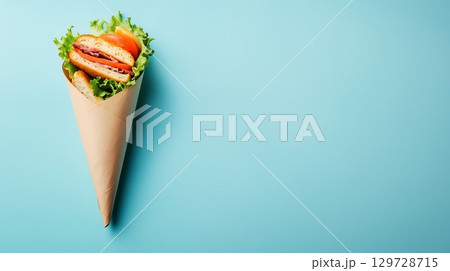 Sandwich with chicken meat, tomato and lettuce on paper cone wrap delivery take away 129728715