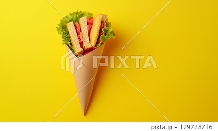 Sandwich with chicken meat, tomato and lettuce on paper cone wrap delivery take away 129728716