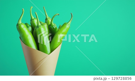 Green chili pepper on brown paper wrapping cone package grocery traditional market 129728856
