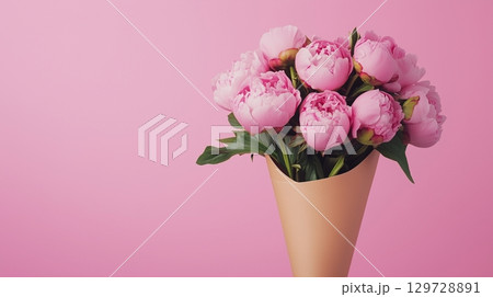 Peony flower on brown paper wrap bouquet eco friendly package solid background 129728891