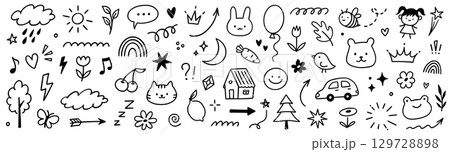 Kid cute icon set. Colorful sketch cute flower, heart and rainbow elements. Hand drawn kid pastel pencil baby sun, moon and animal icon. Childish summer design with school texture. Vector 129728898