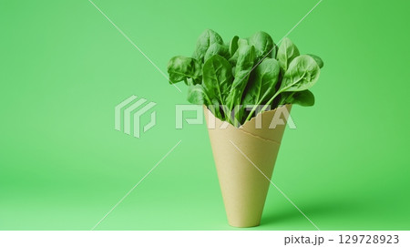 Spinach  vegetable on brown paper grocery cone bag eco friendly package 129728923