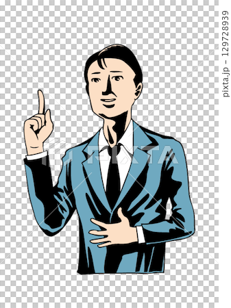 手振りを使って説明する30代ビジネスマン 129728939