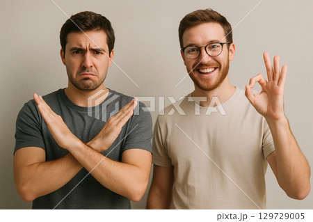 対照的なジェスチャーをする2人の男性のイラスト素材 [129729005] - PIXTA