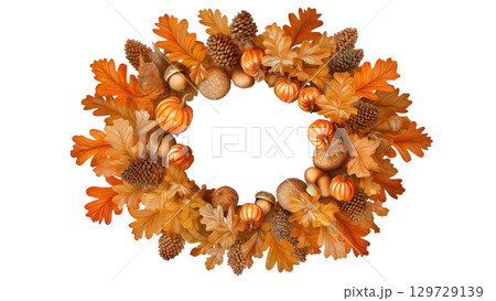Autumn wreath with leaves and pumpkins, created with AI, PNG 129729139