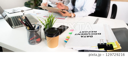 Collaborative Business Meeting. Two professionals discussing data analysis in a modern office. 129729216