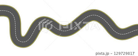 Top view winding road concept. Curve highway lane or wavy race track. Turning street road route. Town or city pavement asphalt path turn. Wiggly roadway drive stripe element. Vector illustration Top view winding road concept. Curve highway lane or wavy race track. Turning street road route. Town or city pavement asphalt path turn. Wiggly roadway drive stripe element. Vector illustration 129729817