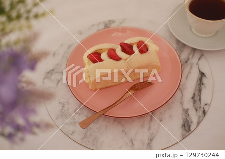 Strawberry Cream Bread on Pink Plate Strawberry Cream Bread on Pink Plate 129730244