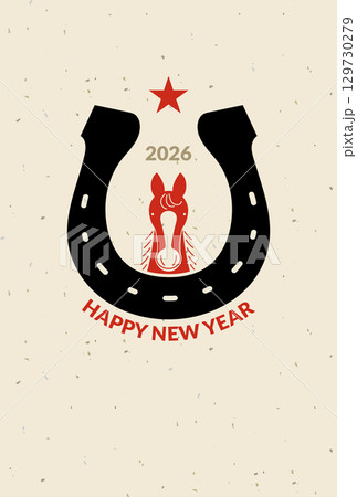 ミニマルな馬と蹄鉄のイラストを使った年賀状テンプレート　午年用　ロゴ 129730279