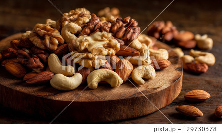 木の台に盛られたアーモンド・カシューナッツ・くるみのミックスナッツ 木の台に盛られたアーモンド・カシューナッツ・くるみのミックスナッツ 129730378