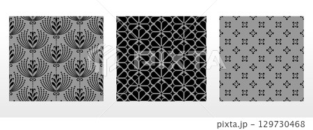 Geometric floral set of seamless patterns. Gray and black vector backgrounds. Damask graphic ornaments 129730468