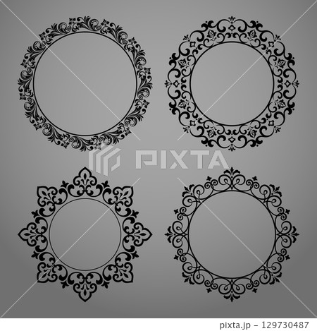 Set of decorative frames Elegant vector element for design in Eastern style, place for text. Floral black and gray borders. Lace illustration for invitations and greeting cards Set of decorative frames Elegant vector element for design in Eastern style, place for text. Floral black and gray borders. Lace illustration for invitations and greeting cards 129730487