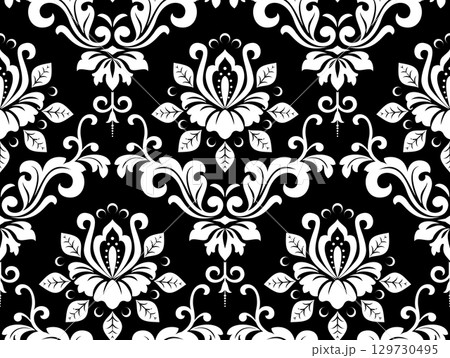 Floral pattern. Seamless vector background. Vintage wallpaper in the Baroque style. White and black ornament for fabric, wallpaper, packaging. Ornate Damask flower illustration. Floral pattern. Seamless vector background. Vintage wallpaper in the Baroque style. White and black ornament for fabric, wallpaper, packaging. Ornate Damask flower illustration. 129730495