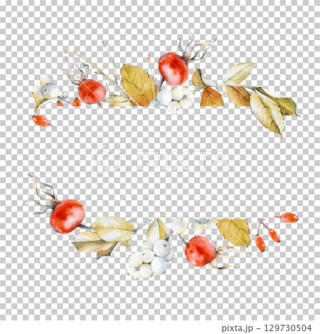 The frame is made of rosehip, snowberry and barberry, hand-painted in watercolor on a white background. Botanical illustration. For a postcard or invitation to a wedding, celebration, holiday The frame is made of rosehip, snowberry and barberry, hand-painted in watercolor on a white background. Botanical illustration. For a postcard or invitation to a wedding, celebration, holiday 129730504