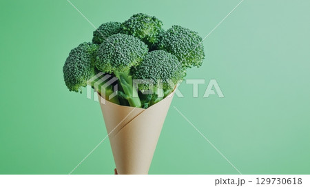 Broccoli vegetable on brown paper grocery cone bag eco friendly package 129730618