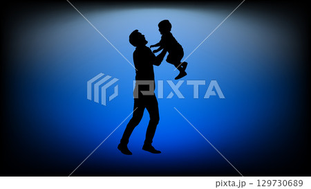 A touching silhouette of a father joyfully lifting his child against a dramatic blue spotlight background A touching silhouette of a father joyfully lifting his child against a dramatic blue spotlight background 129730689