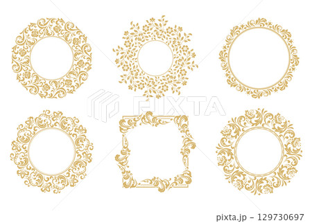 Set of decorative frames Elegant vector element for design in Eastern style, place for text. Floral golden and white borders. Lace illustration for invitations and greeting cards Set of decorative frames Elegant vector element for design in Eastern style, place for text. Floral golden and white borders. Lace illustration for invitations and greeting cards 129730697