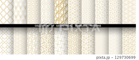 Geometric set of seamless golden and white patterns. Simple vector graphics 129730699