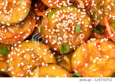 Close up of Korean cucumber salad (Oi muchim), Korean side dish Close up of Korean cucumber salad (Oi muchim), Korean side dish 129730752