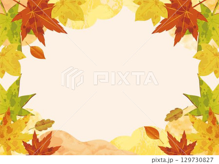 秋　もみじ　紅葉　葉　水彩　手描き　風景　和風　フレーム　背景　壁紙　デザイン　イラスト素材 129730827