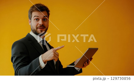Confident Businessman Presenting on Tablet 129730856