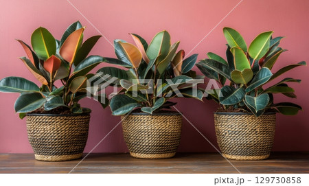 Three Rubber Plants in Woven Baskets 129730858