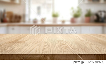 Wooden Tabletop in Blurred Kitchen Background 129730924