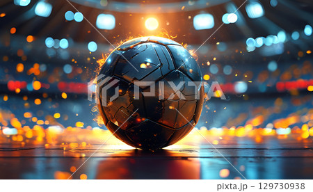 An incredibly dynamic soccer ball glides across the field with stunning, dramatic lighting effects 129730938