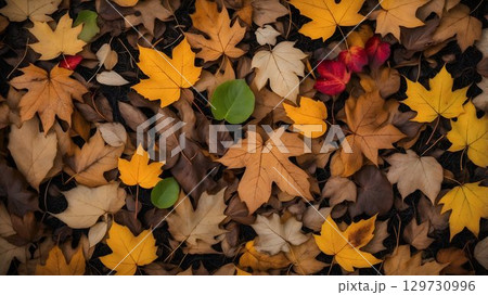 The vibrant colors of autumn leaves scattered on the ground create a beautiful backdrop 129730996