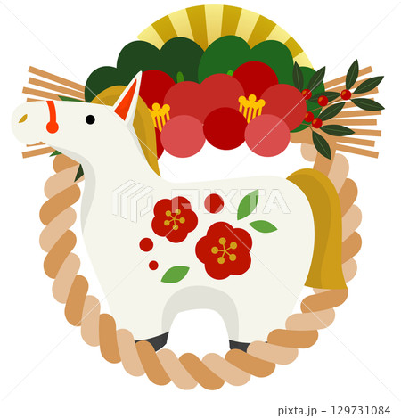 午年アイコン02・白馬・しめ飾り・椿・かわいい・イラスト 129731084