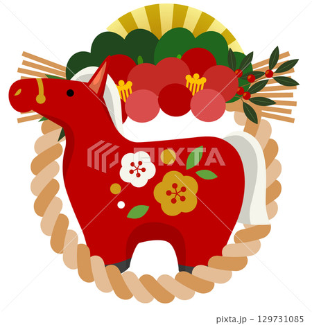 午年アイコン02・赤馬・しめ飾り・椿・かわいい・イラスト 午年アイコン02・赤馬・しめ飾り・椿・かわいい・イラスト 129731085