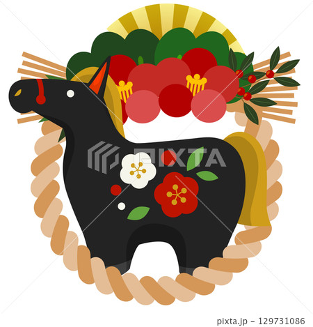 午年アイコン02・黒馬・しめ飾り・椿・かわいい・イラスト 129731086