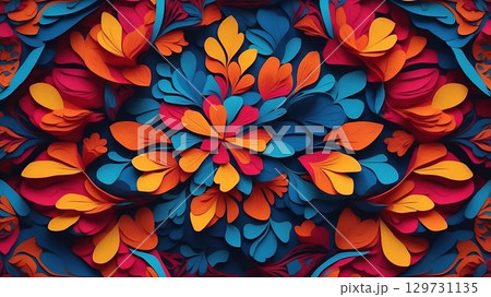 A Vibrant and Colorful Floral Paper Art Composition Set Against a Dark Background 129731135
