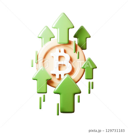 Vector illustration of bitcoin rising with multiple green arrows and halftone texture. Symbol of cryptocurrency growth, market uptrend, and financial profit. Isolated on white background. Vector illustration of bitcoin rising with multiple green arrows and halftone texture. Symbol of cryptocurrency growth, market uptrend, and financial profit. Isolated on white background. 129731183
