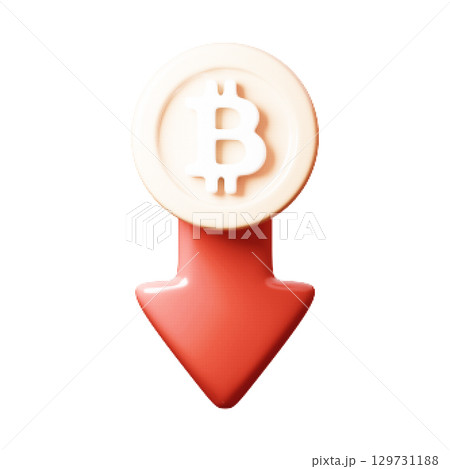 Vector icon of bitcoin symbol on red arrow pointing down. Cryptocurrency crash concept with halftone texture. Isolated illustration for financial decline and market loss themes. 129731188