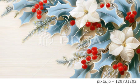 White flowers with red berries and holly leaves. Christmas floral arrangement concept 129731202
