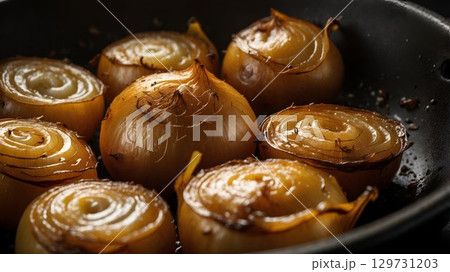 Caramelized Onions Cooked to Perfection in a Frying Pan for a Delicious Meal Experience 129731203