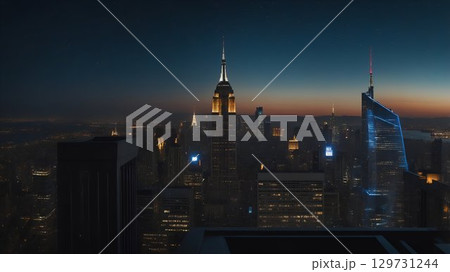 The Stunning Evening Skyline of New York City showcases its Iconic Landmarks beautifully The Stunning Evening Skyline of New York City showcases its Iconic Landmarks beautifully 129731244