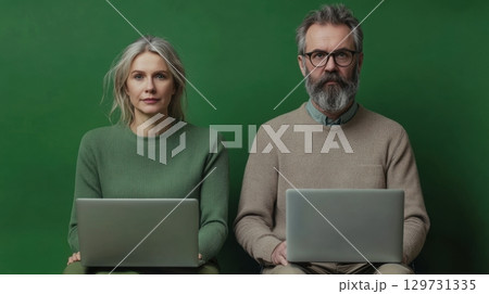 Mature Couple Working on Laptops, Green Background 129731335