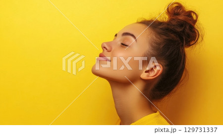Woman with Messy Bun and Closed Eyes Against Yellow Background 129731337