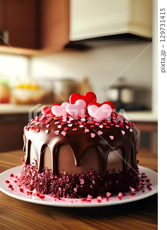 Delicious Chocolate Cake with heart decorations, perfect for celebrations and special occasions 129731415