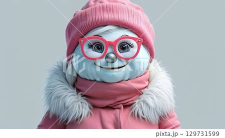 A Charming Snow Character Dressed in Pink Attire and Wearing Colorful Glasses, Radiating Warmth 129731599