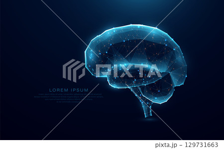 Low polygon brain neuron wireframe mesh on a blue background 129731663