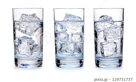 Three Glasses of Sparkling Water with Ice Cubes 129731737